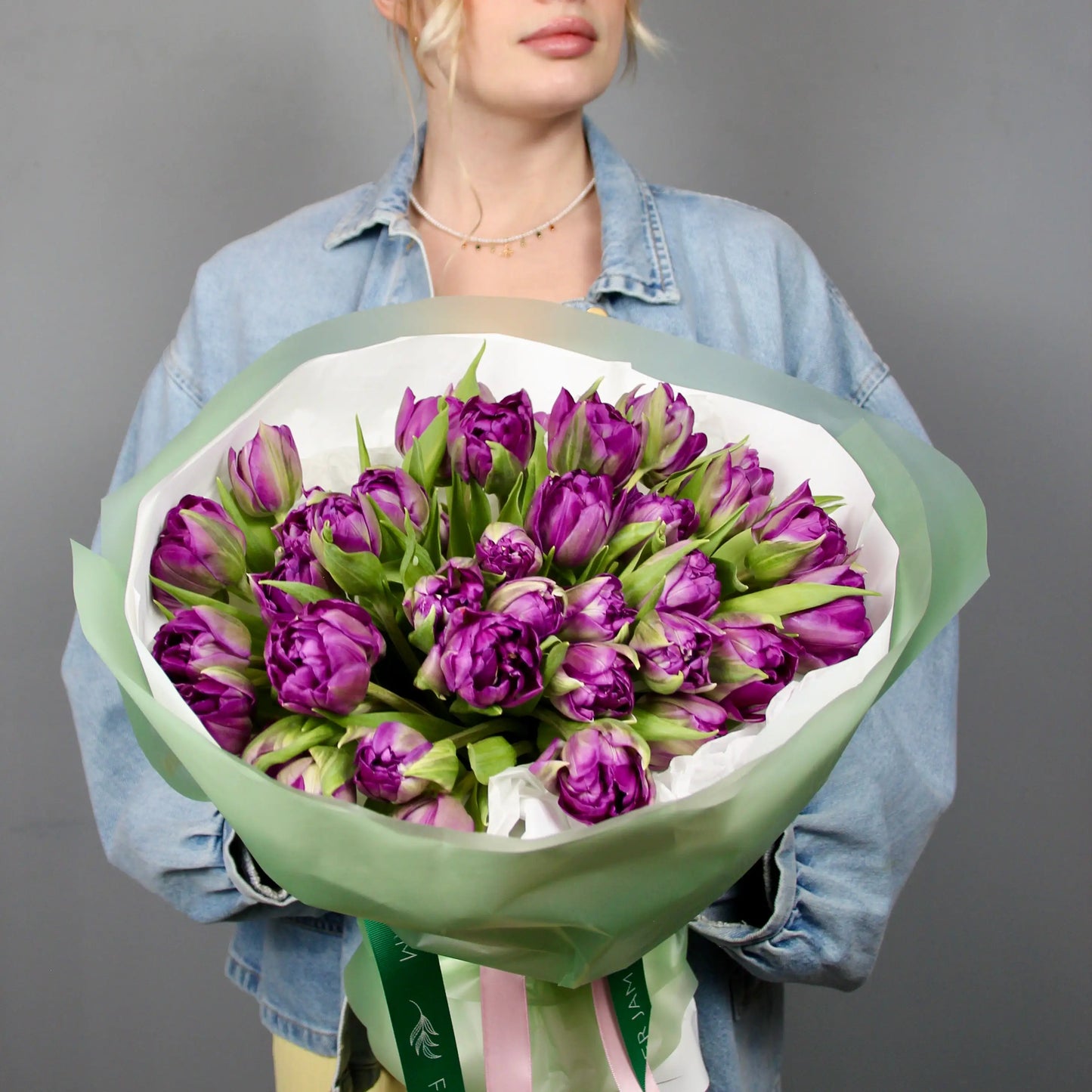 bouquet of double headed purple tulips