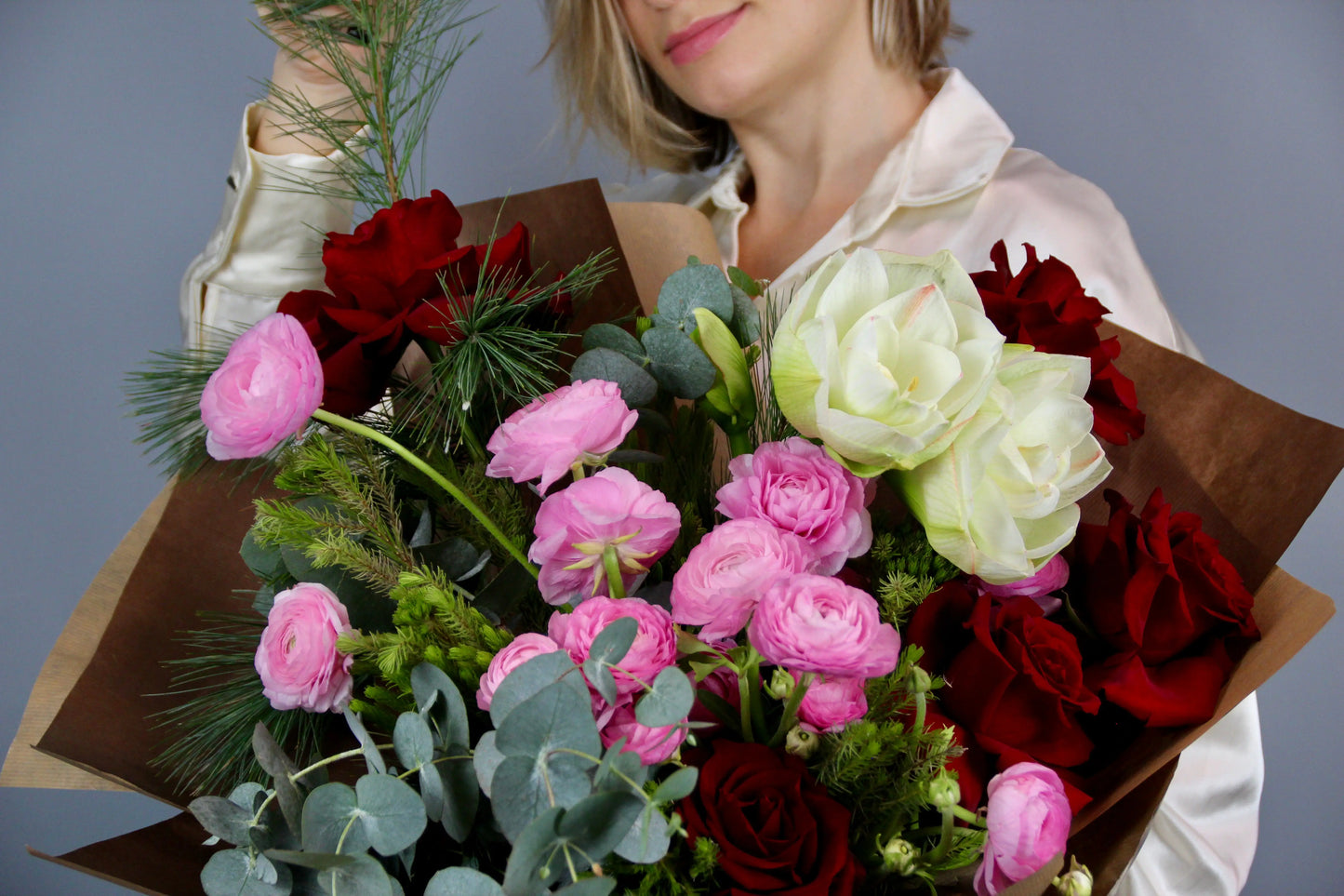bouquet of roses, ranunculus and eucalipt