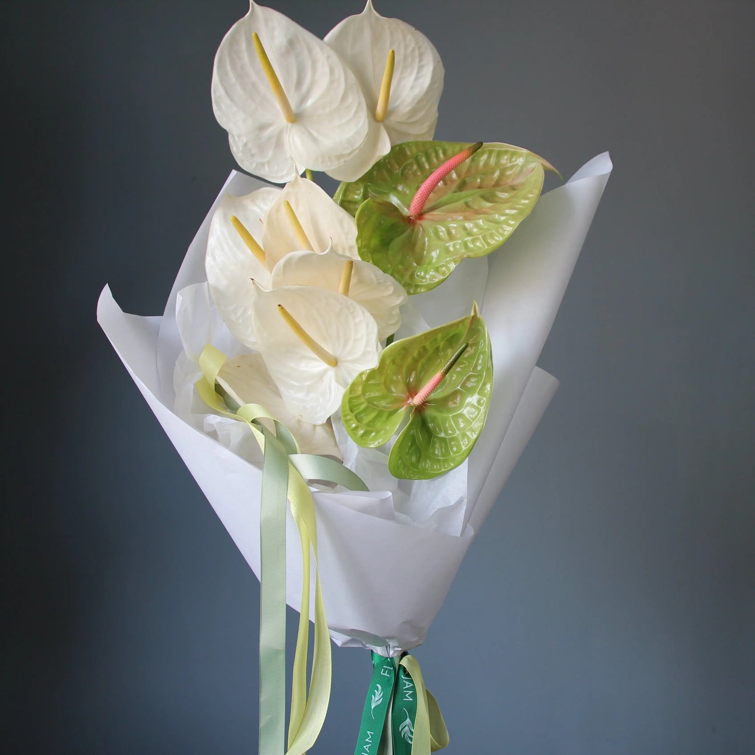 bouquet of white and green anthurims