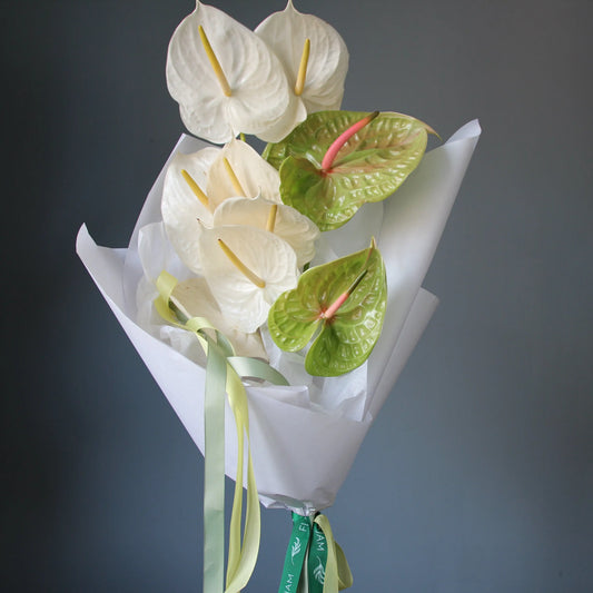 bouquet of white and green anthurims