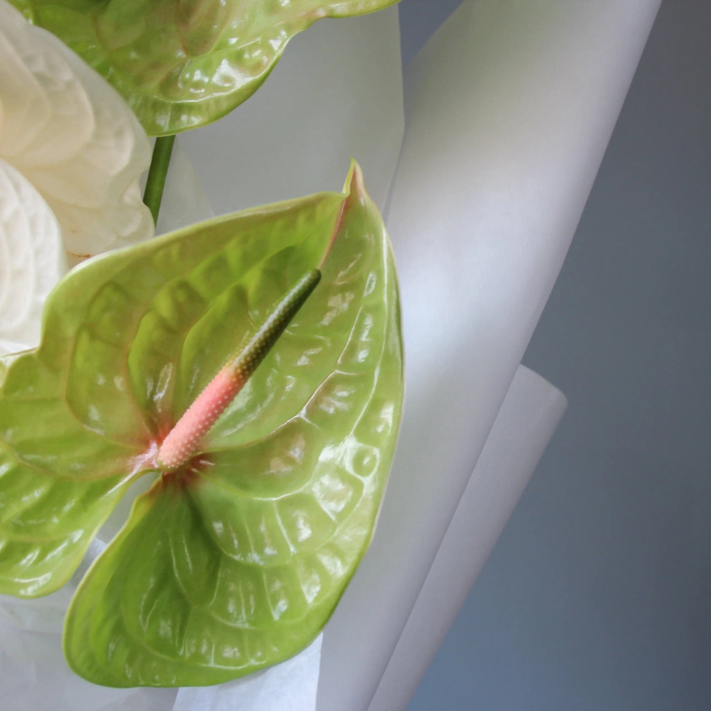 bouquet of white and green anthurims