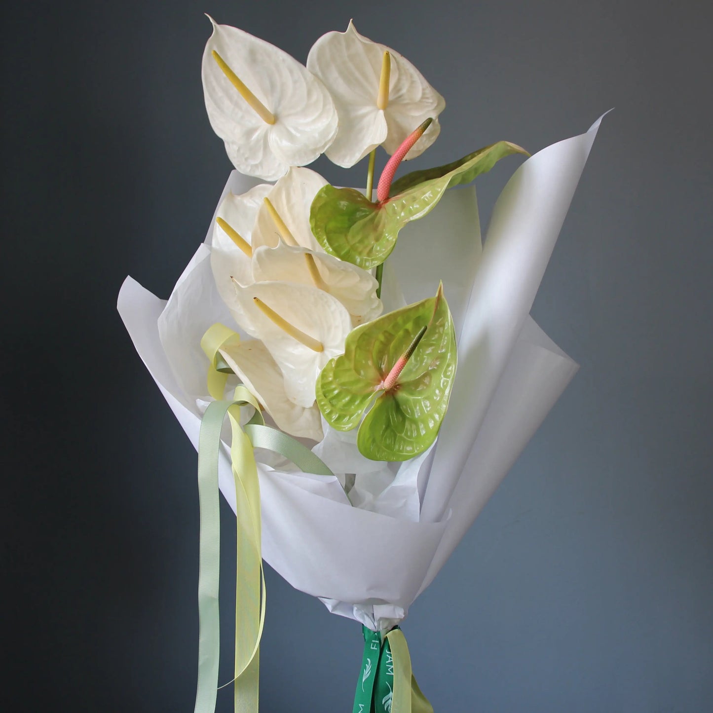 bouquet of white and green anthurims