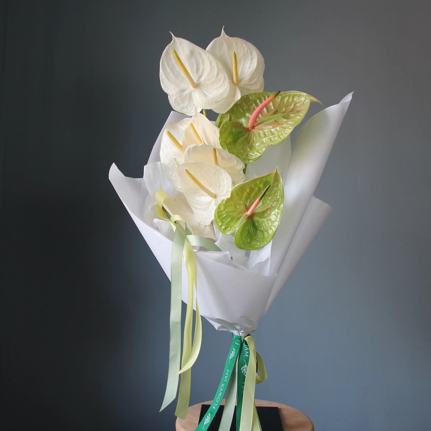 bouquet of white and green anthurims