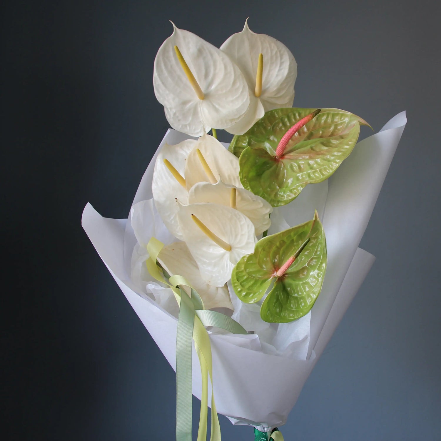bouquet of white and green anthurims