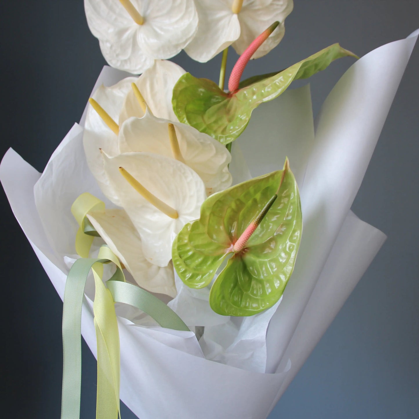 bouquet of white and green anthurims