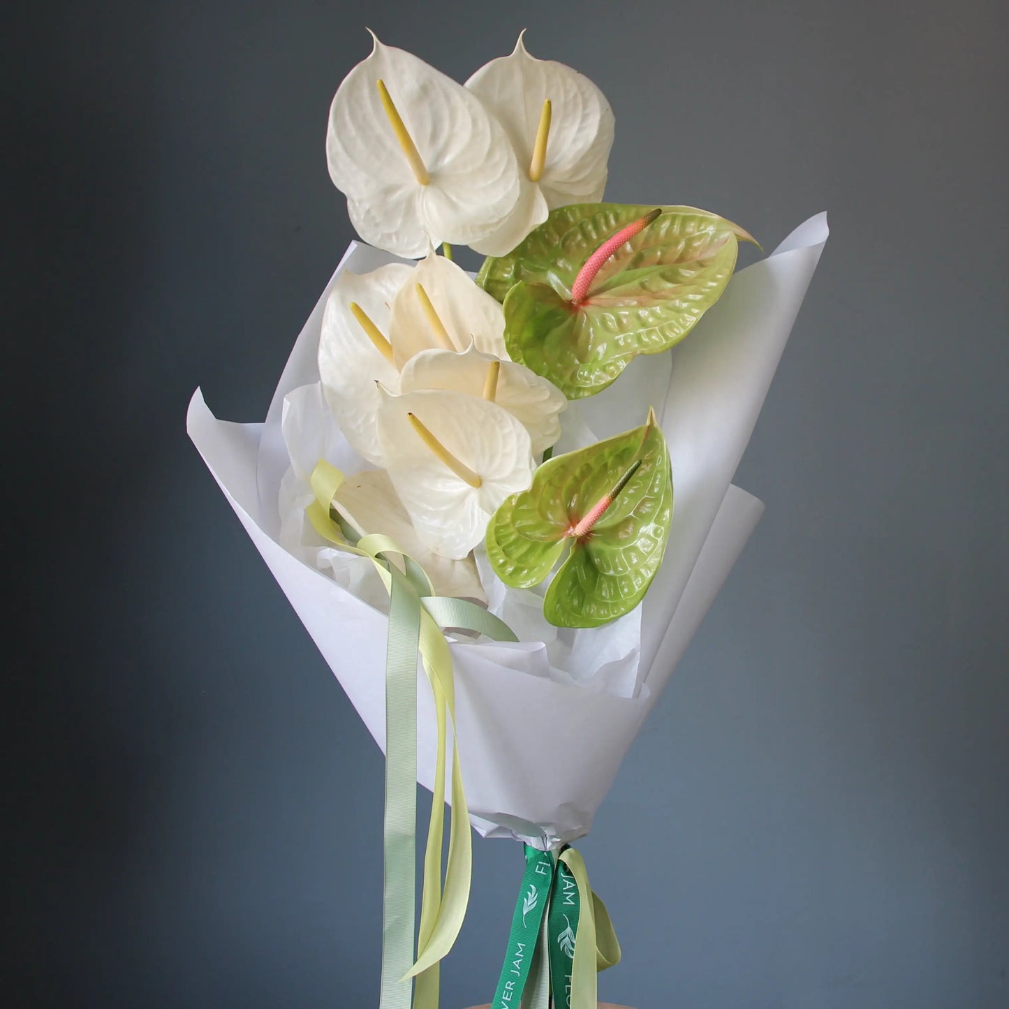 bouquet of white and green anthurims