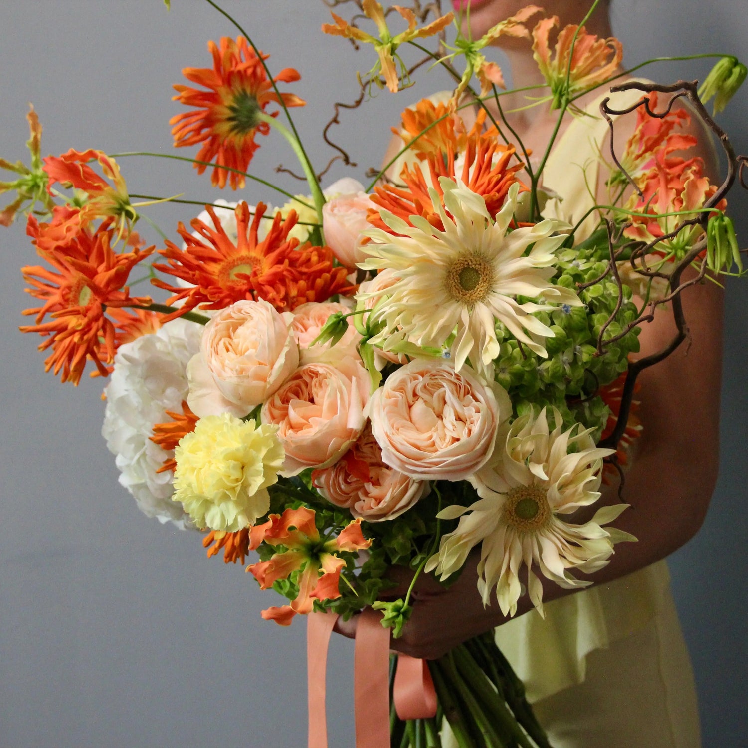 Bouquet of Garden Roses , exotic Gloriosa and Hydrangea.