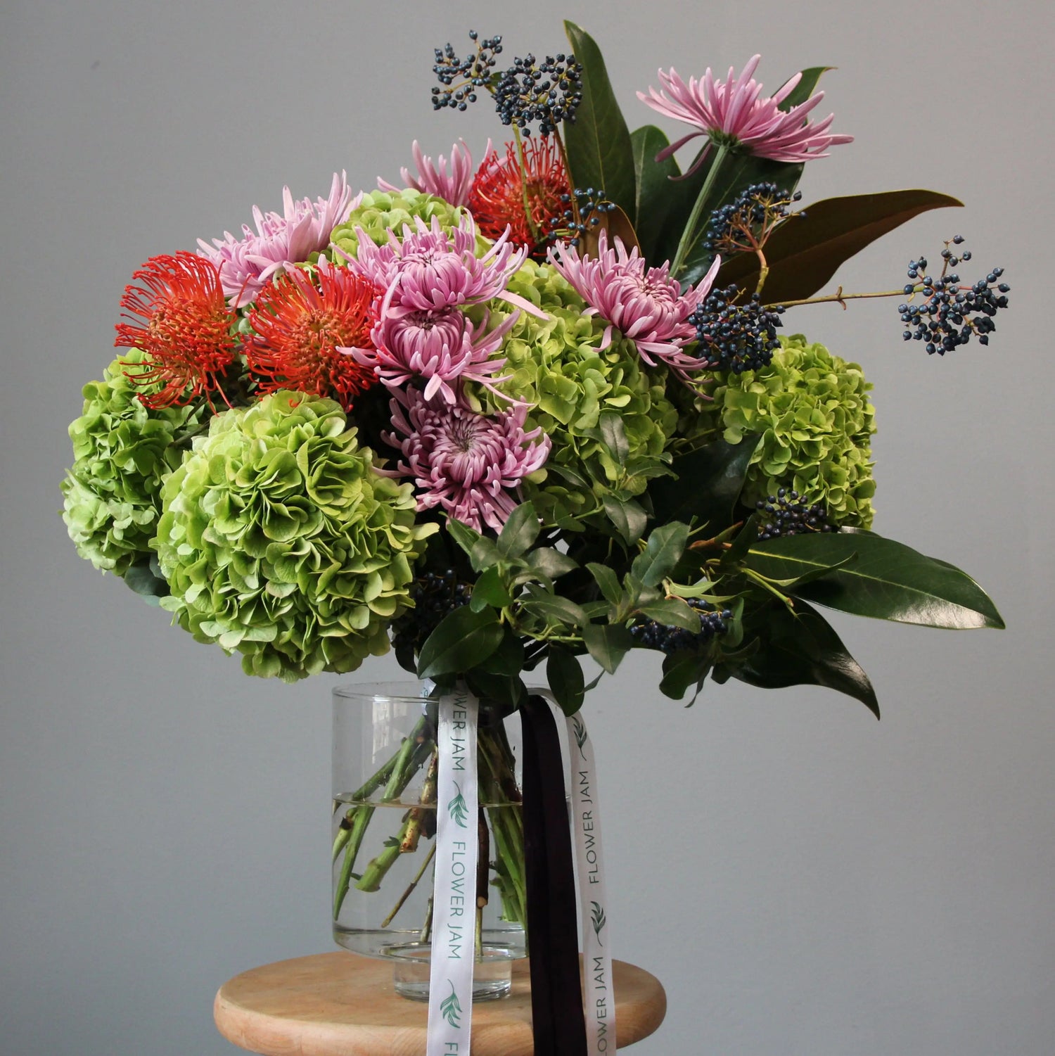 green hortencia bouquet and colorful flowers