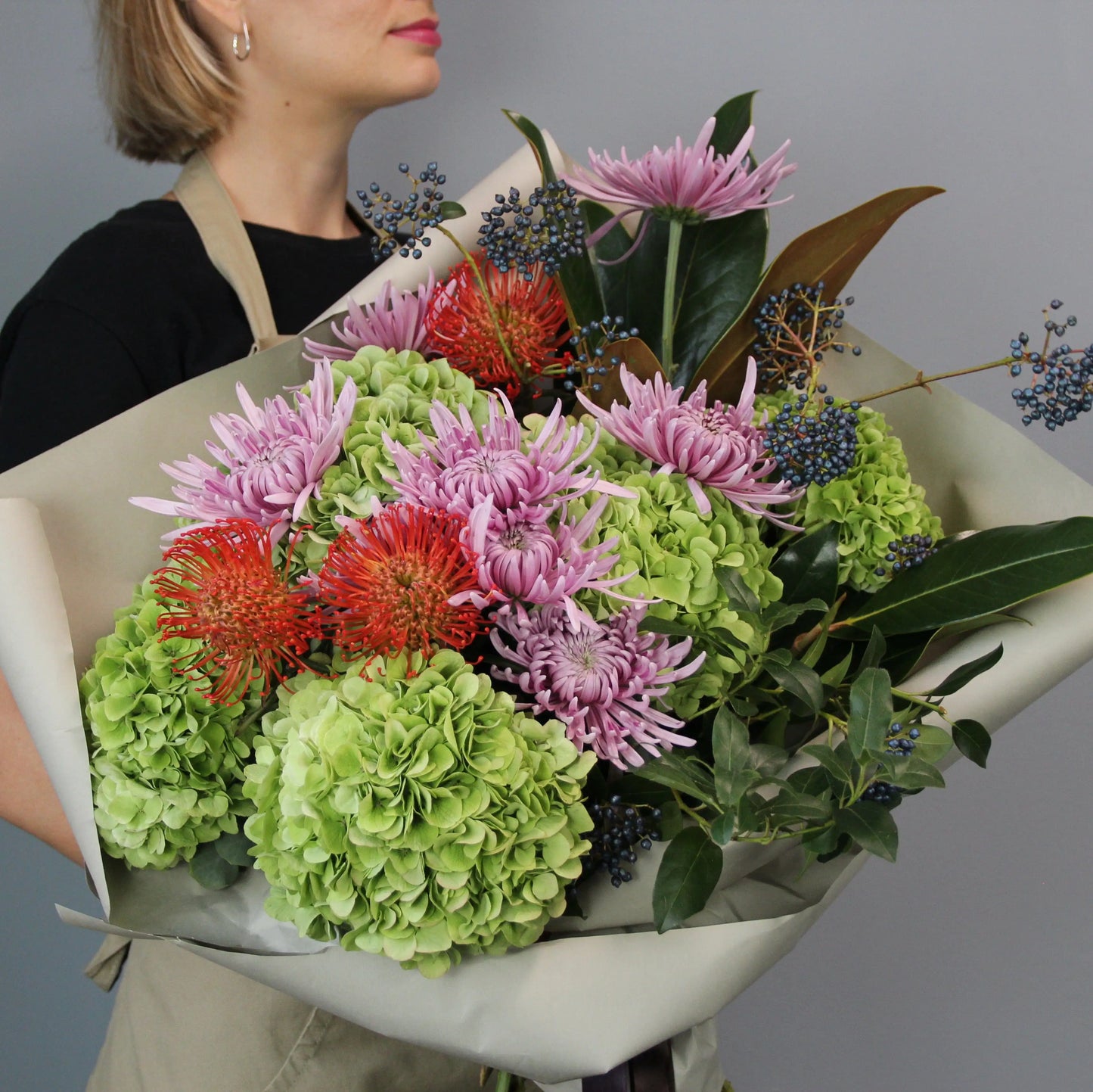 green hortencia bouquet and colorful flowers