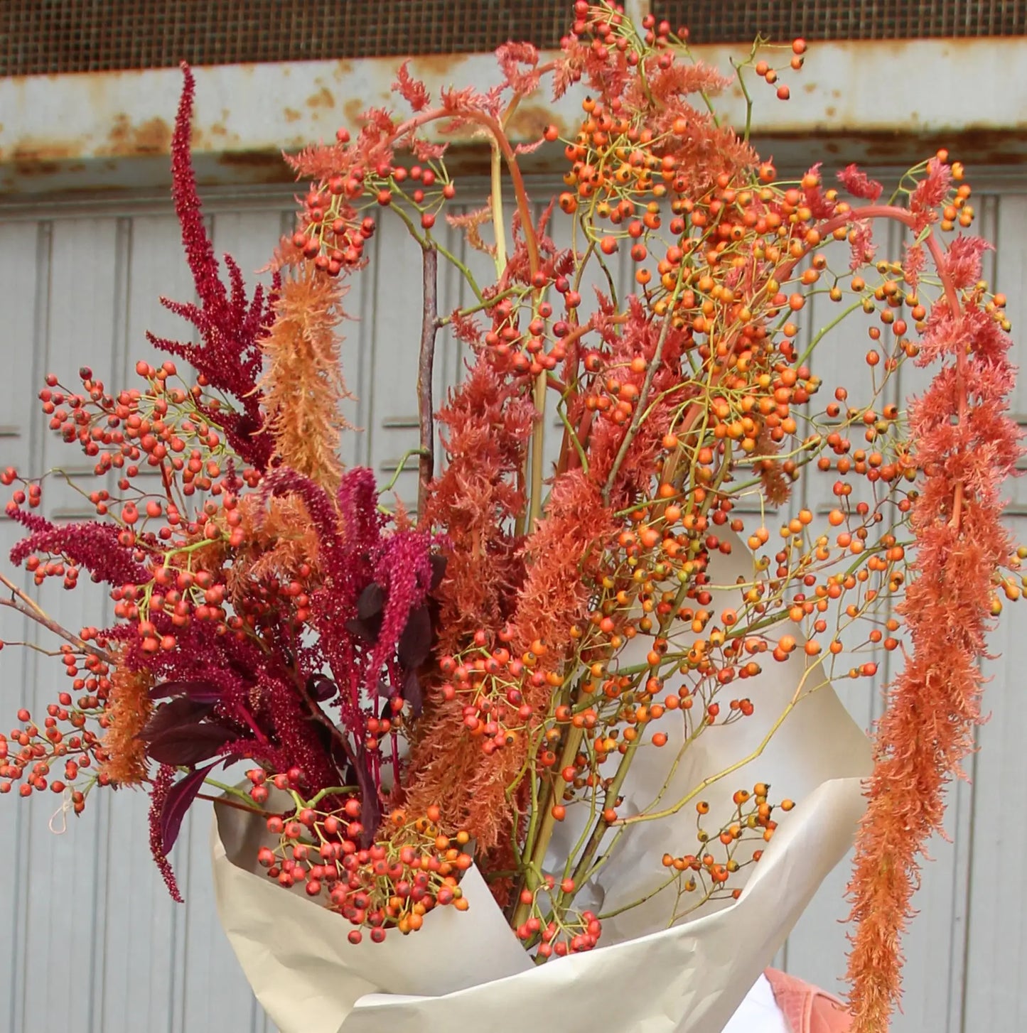 red and pink amaranthus bouquet