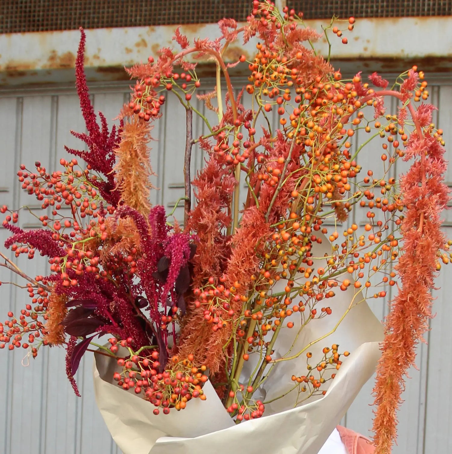 red and pink amaranthus bouquet