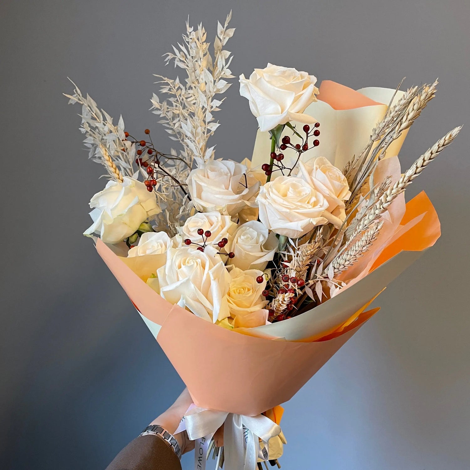 Bouquet of Flowers, white roses, wheat 