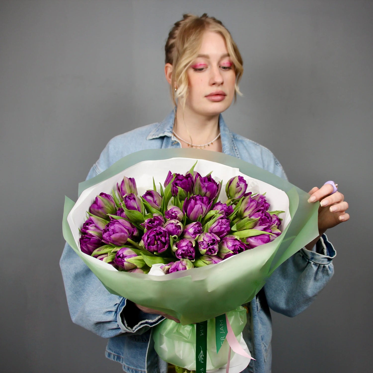 bouquet of double headed purple tulips