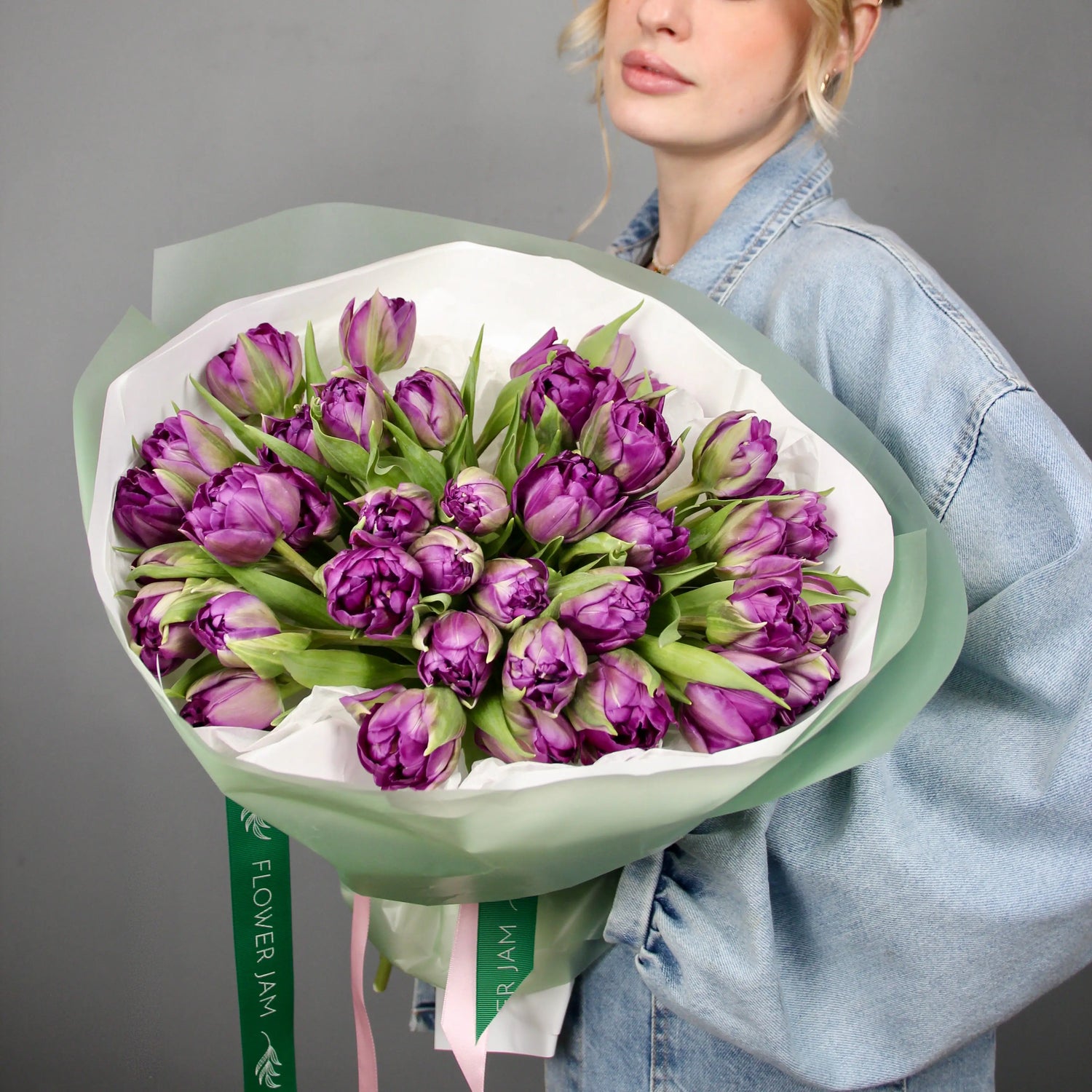 bouquet of double headed ourple tulips