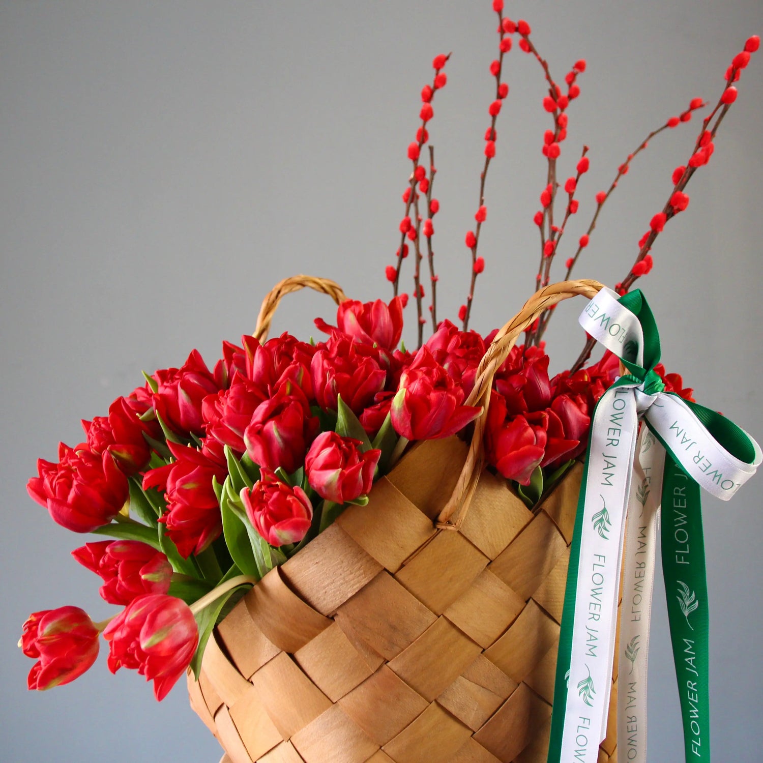 basket of red tulips