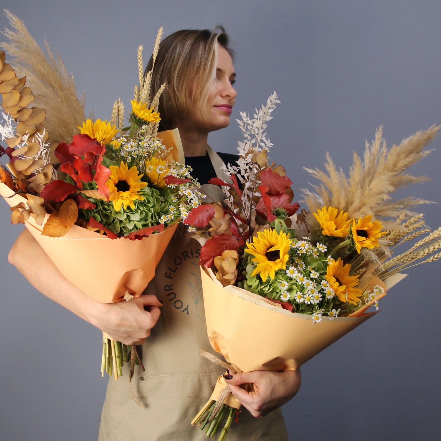 colorful summer bouquet wih brown, yellow, red and white flowers