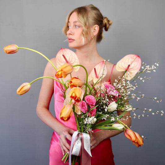 lady with flowers pink delivery gifts Bouquet of Flowers
