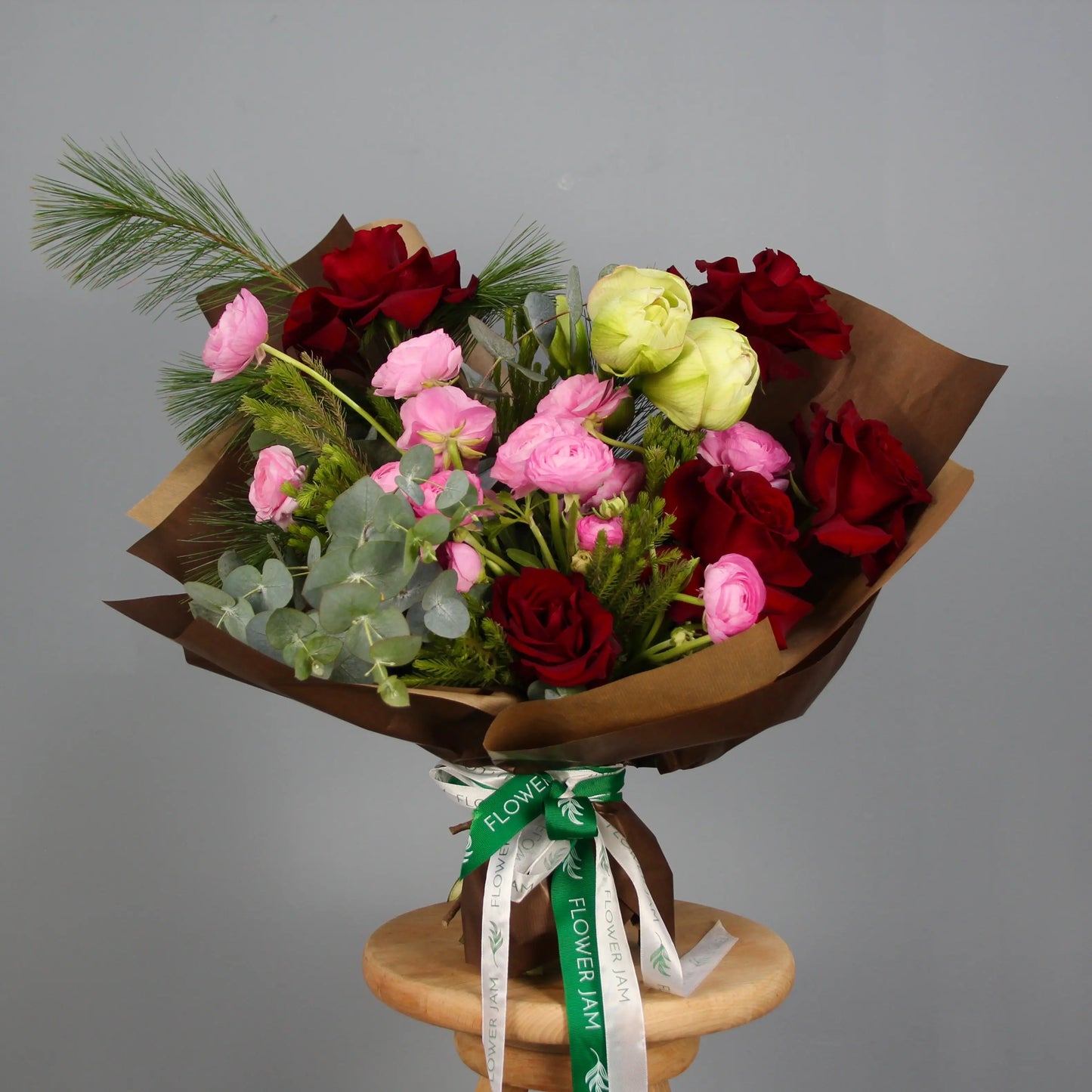 bouquet of roses, ranunculus and eucalipt