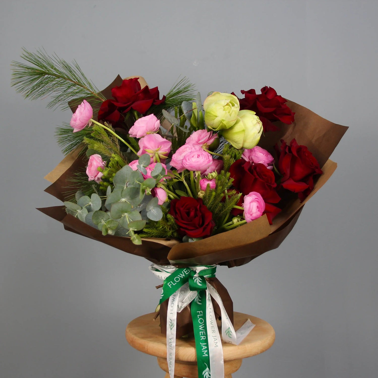 bouquet of roses, ranunculus and eucalipt