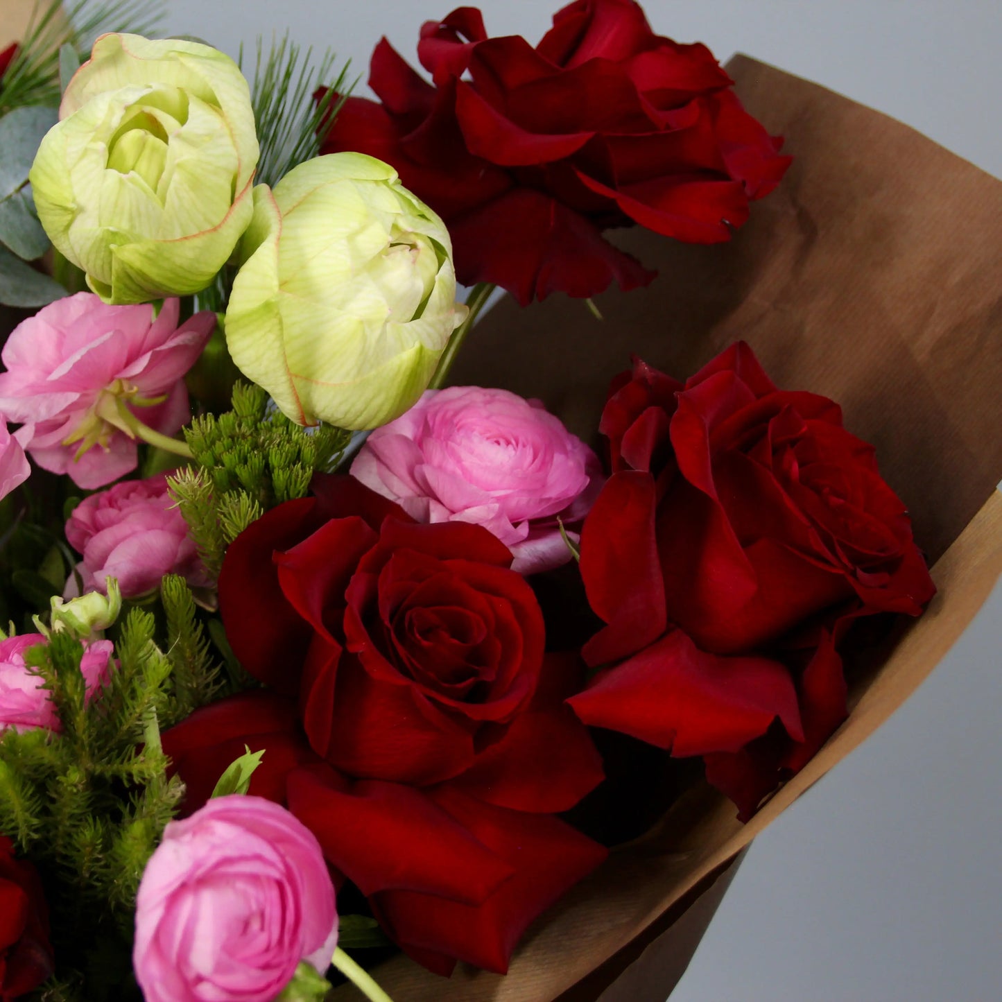 bouquet of roses, ranunculus and eucalipt