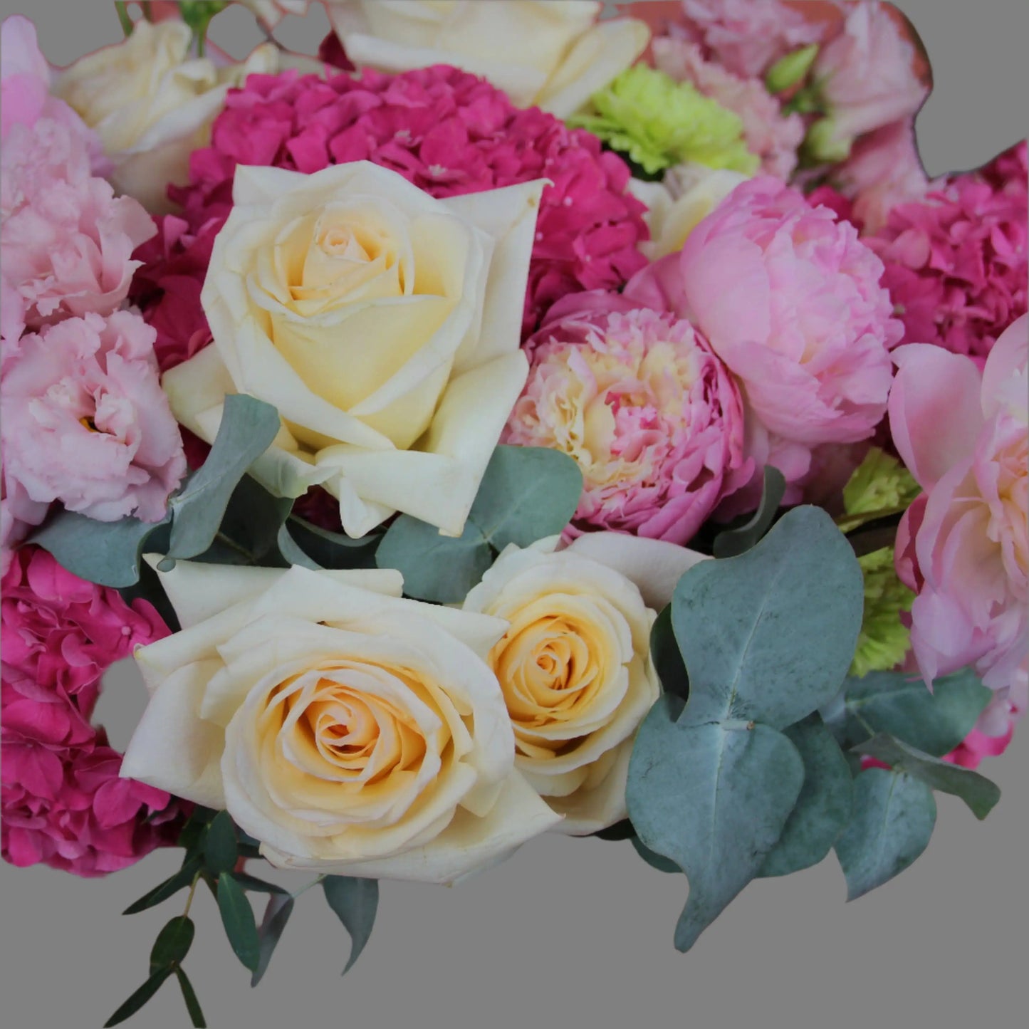 bouquet of pink peonies, pink hortencia, yellow roses and eucalipt
