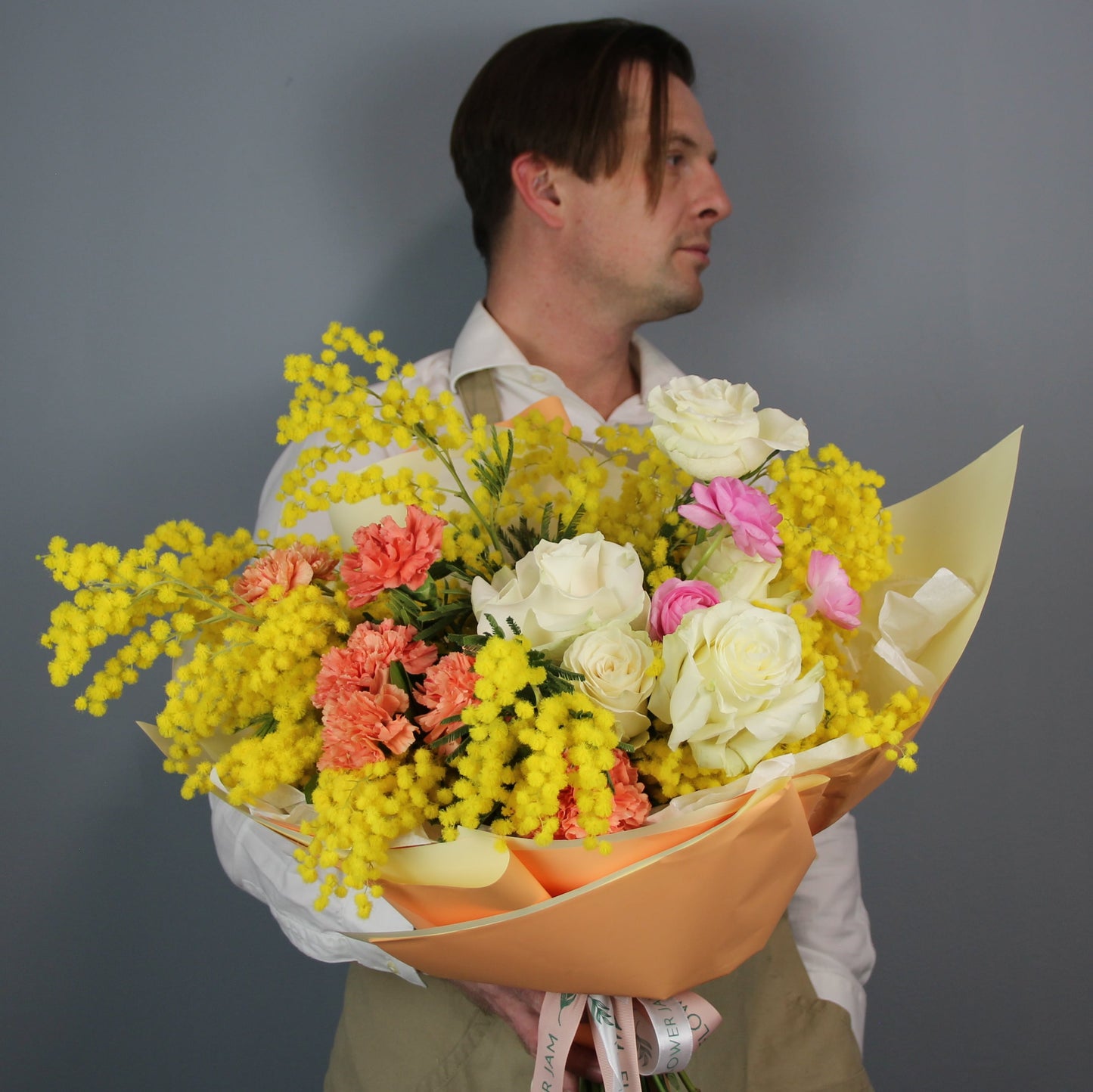 mimosa flower yellow and hite roses Bouquet of Flowers