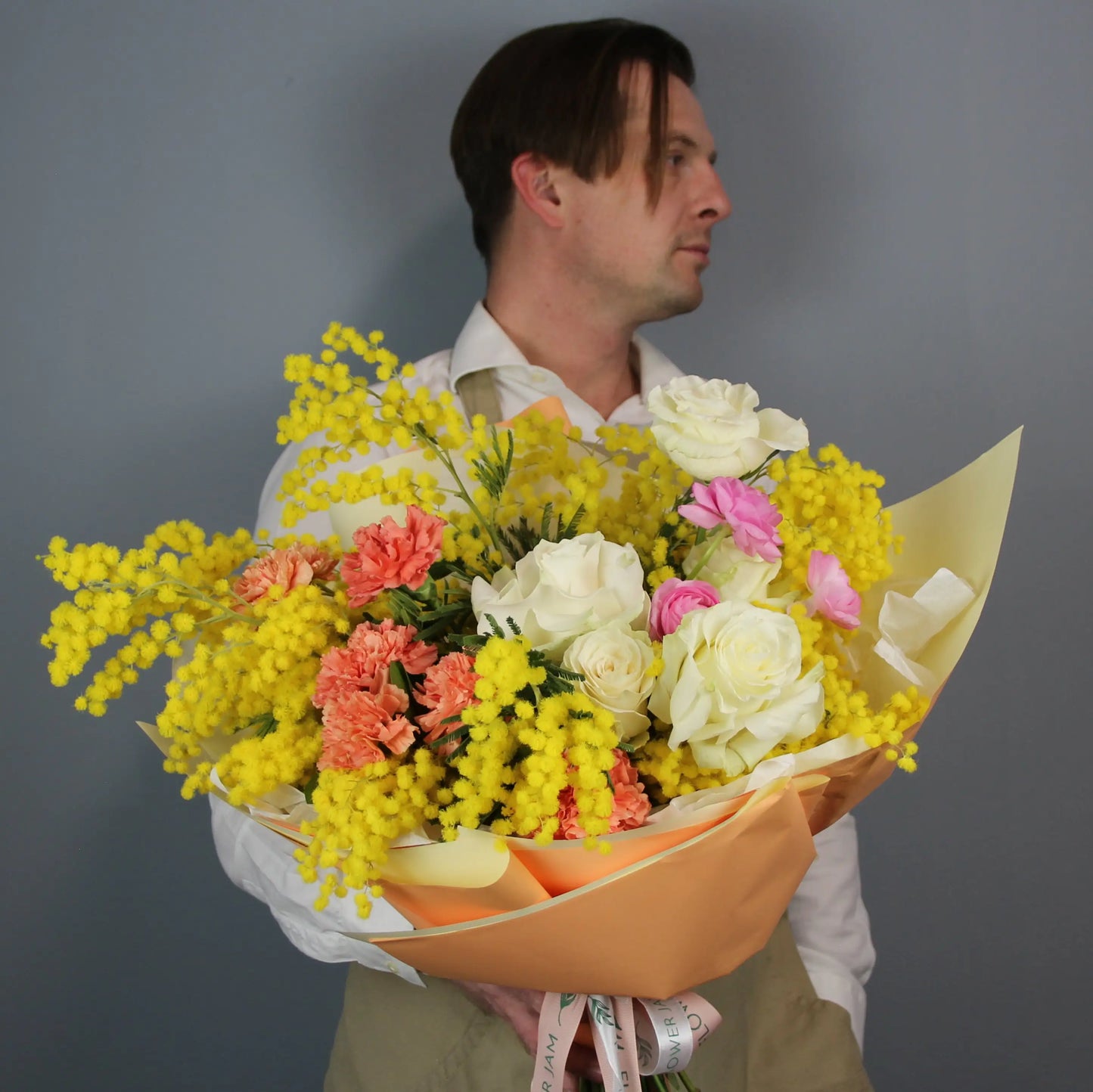 mimosa flower yellow and hite roses Bouquet of Flowers