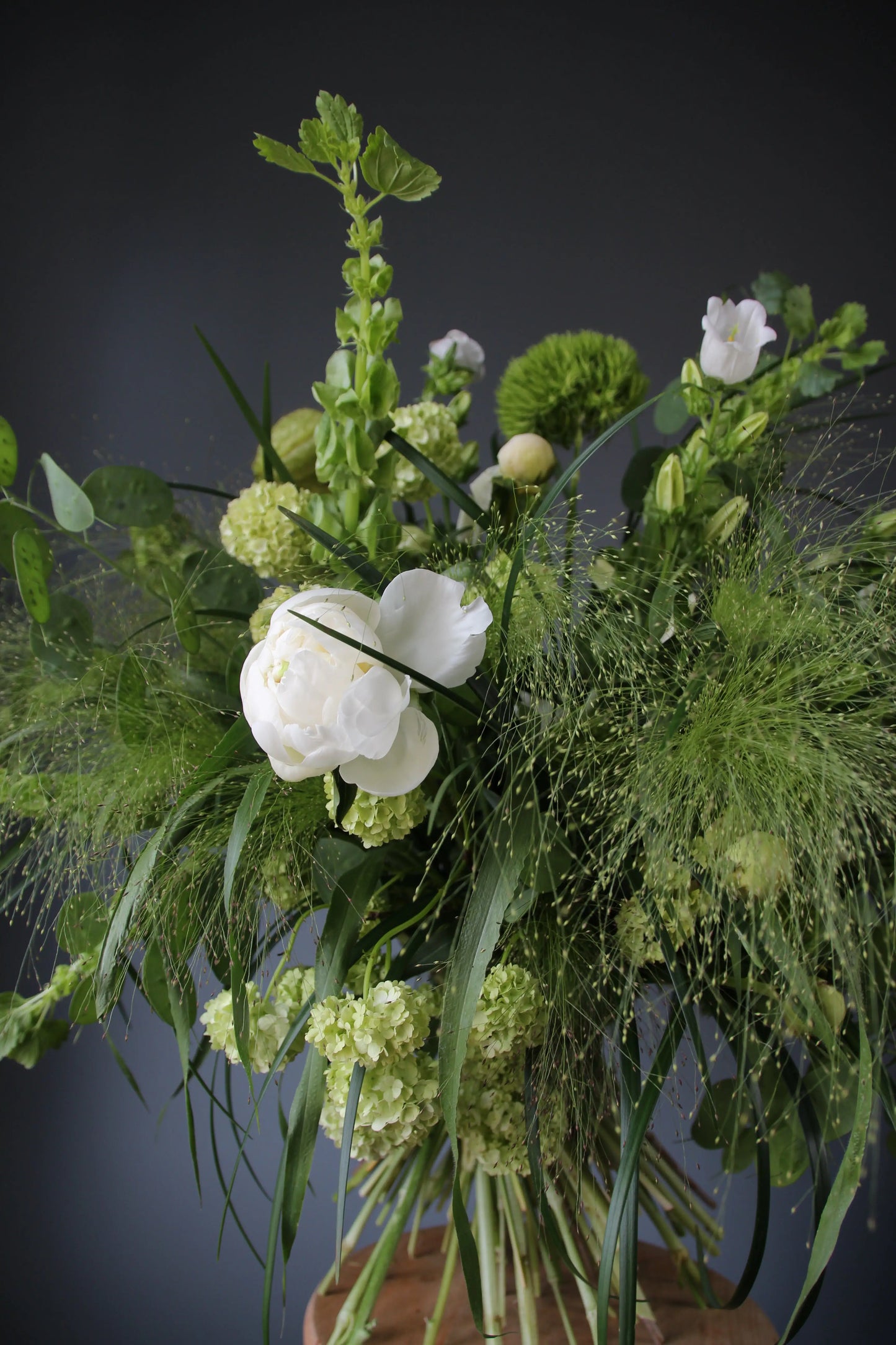 Bouquet of Viburnum, White and Sweet Peonies, Panicum grass, Green Trick, Talapsis and Campanula.