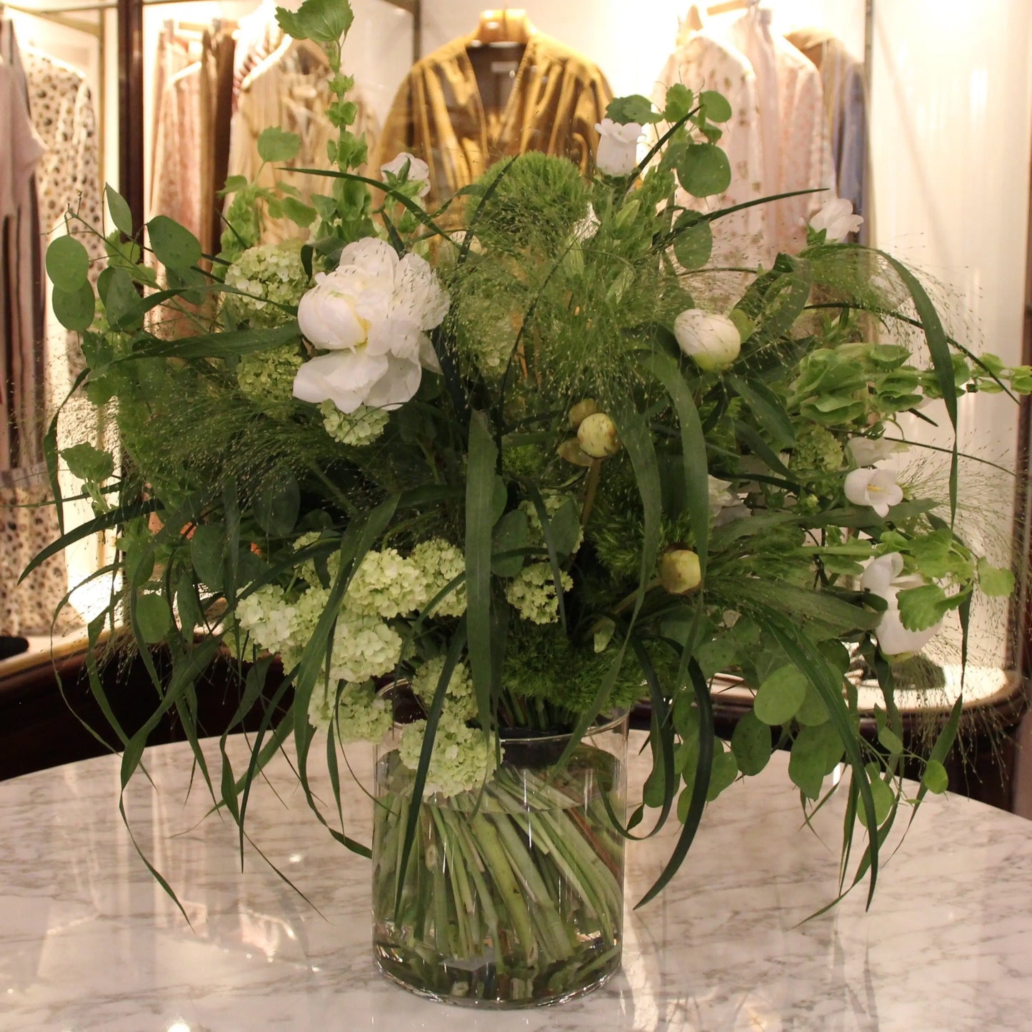 Bouquet of Viburnum, White and Sweet Peonies, Panicum grass, Green Trick, Talapsis and Campanula.