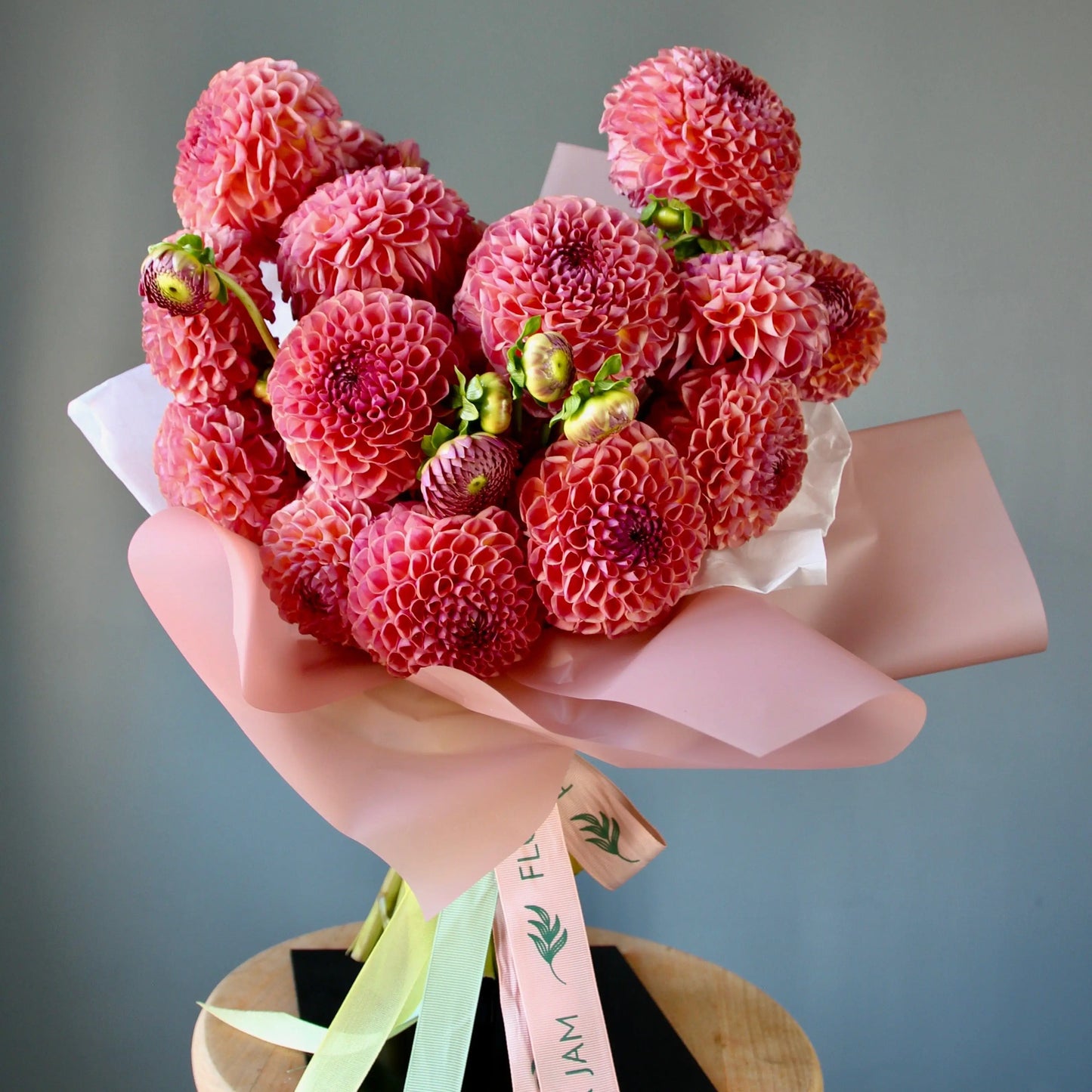 big bouquet of pink dahlias in genova