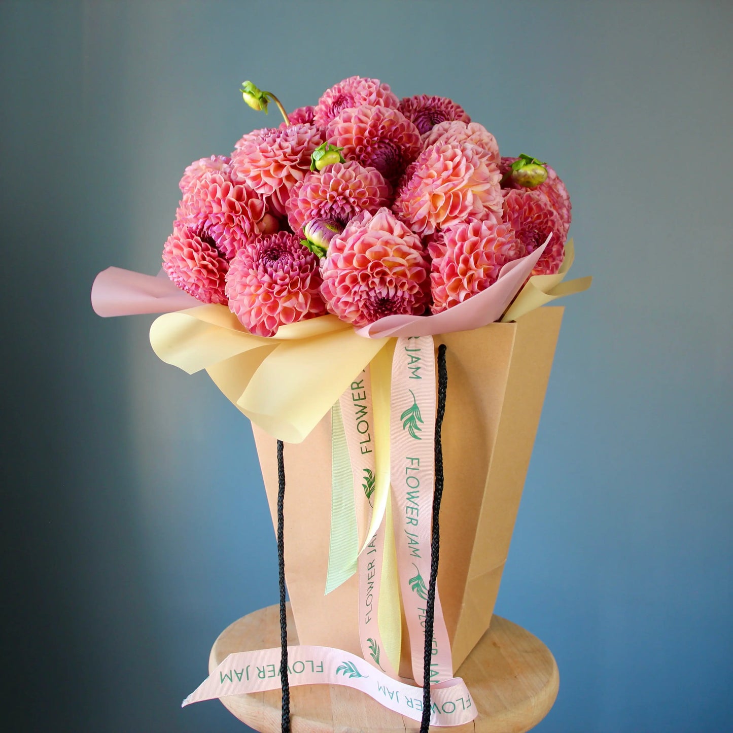 big bouquet of pink dahlias in genova