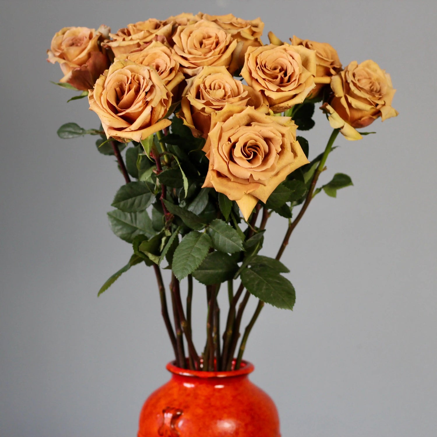 a bouquet of golden roses in a red vase