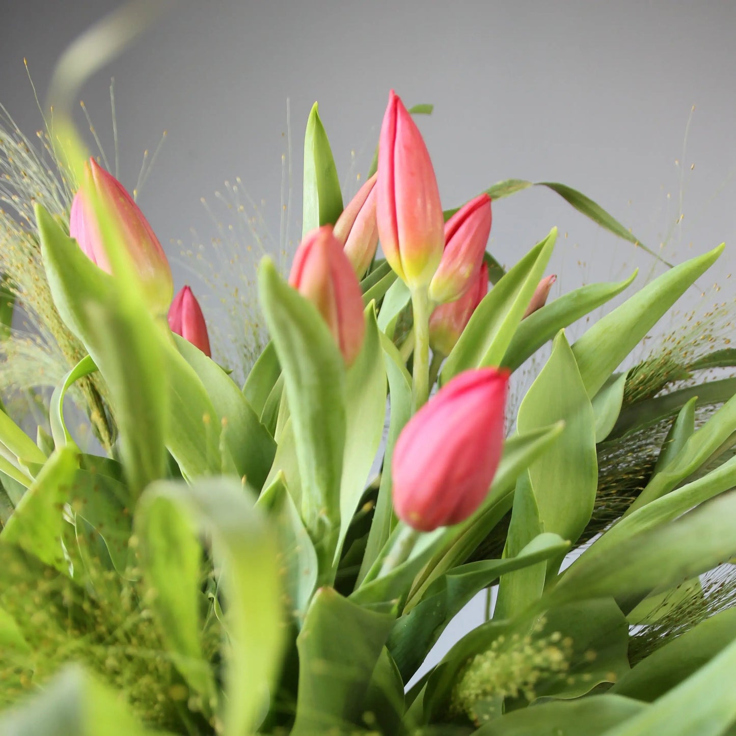 a big beautiful bouquet of pink tulips and greenery
