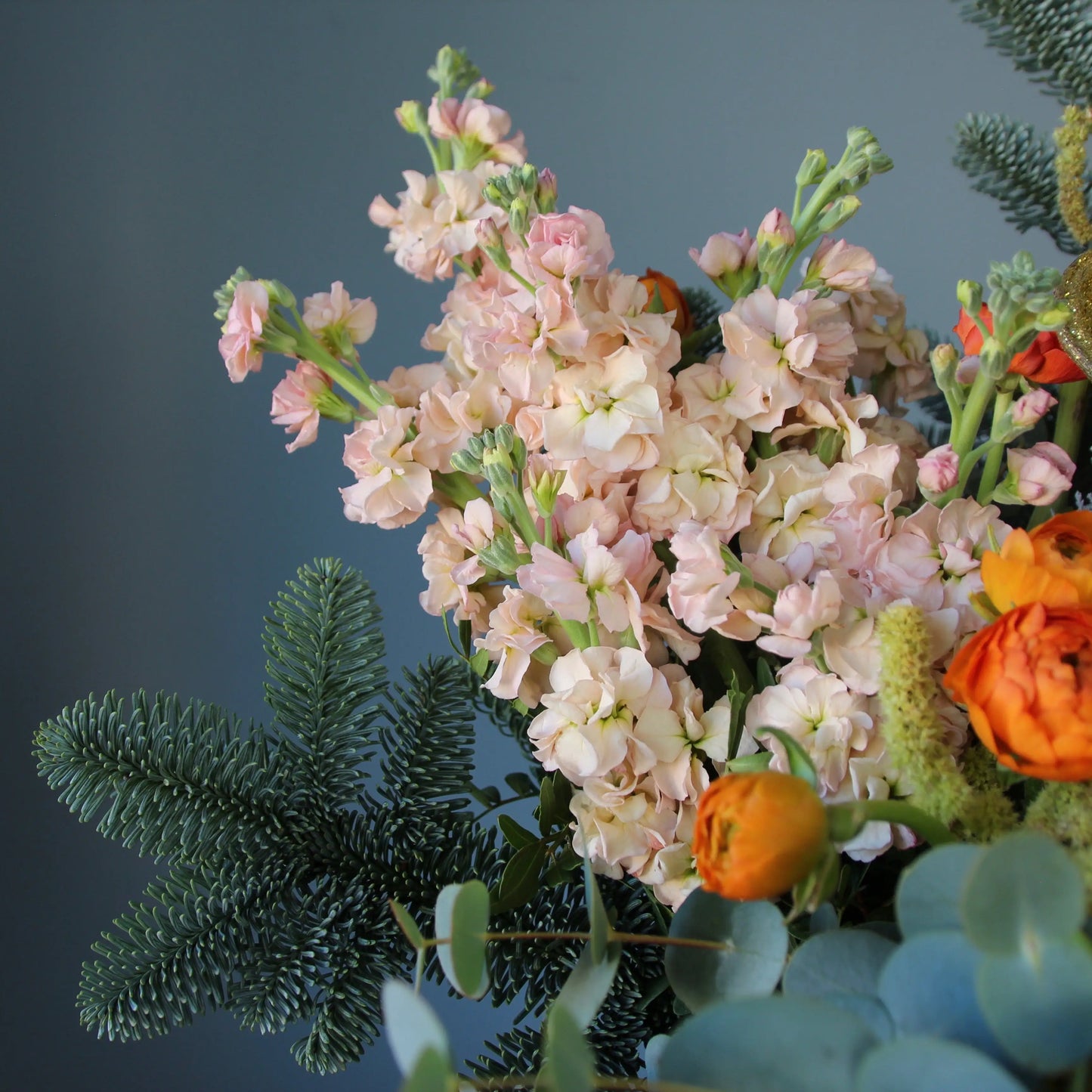 Bouquet of Flowers with eucalipt, ranunculus, spruce and gladioluus