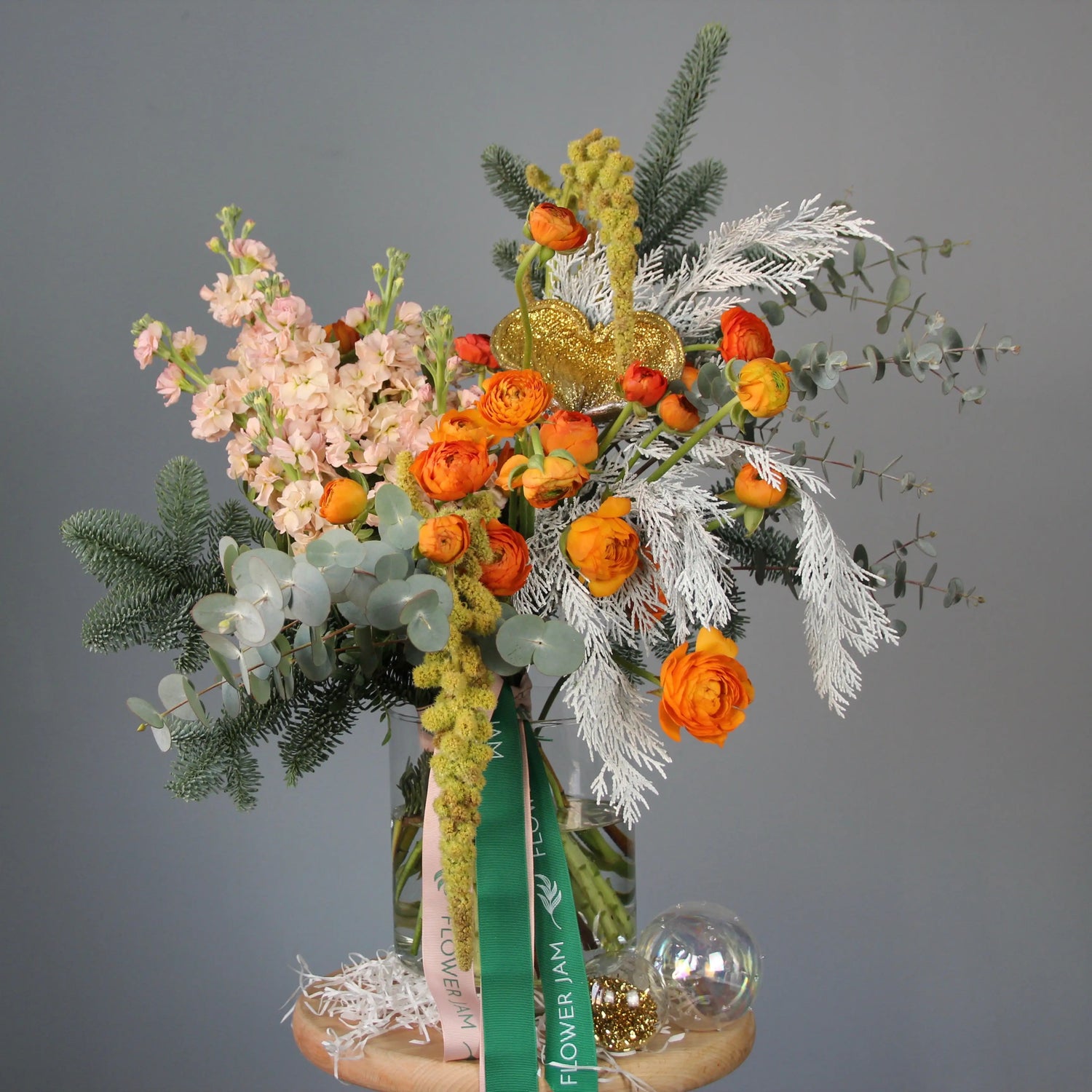 Bouquet of Flowers with eucalipt, ranunculus, spruce and gladioluus