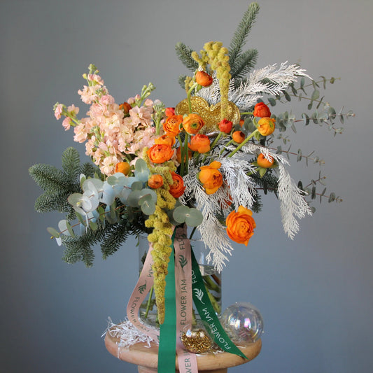Bouquet of Flowers with eucalipt, ranunculus, spruce and gladioluus